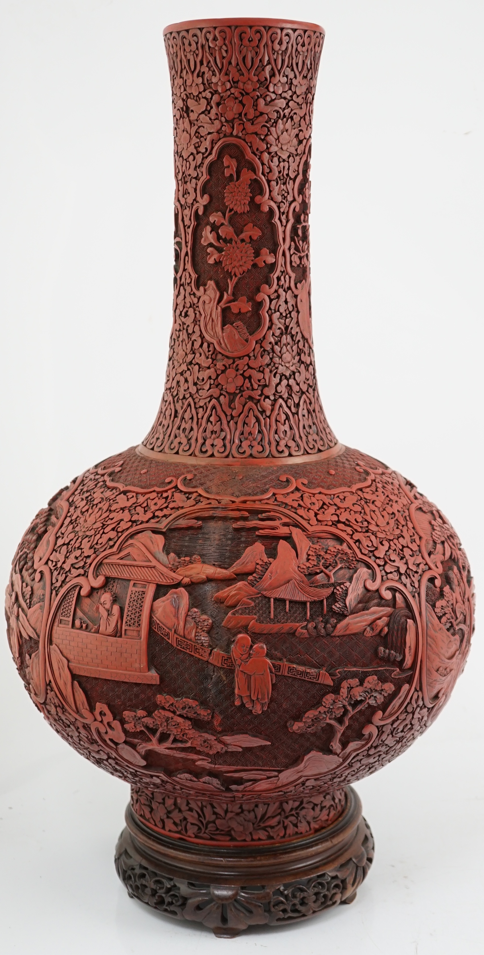 A large Chinese cinnabar lacquer bottle vase, 19th century, Some restoration